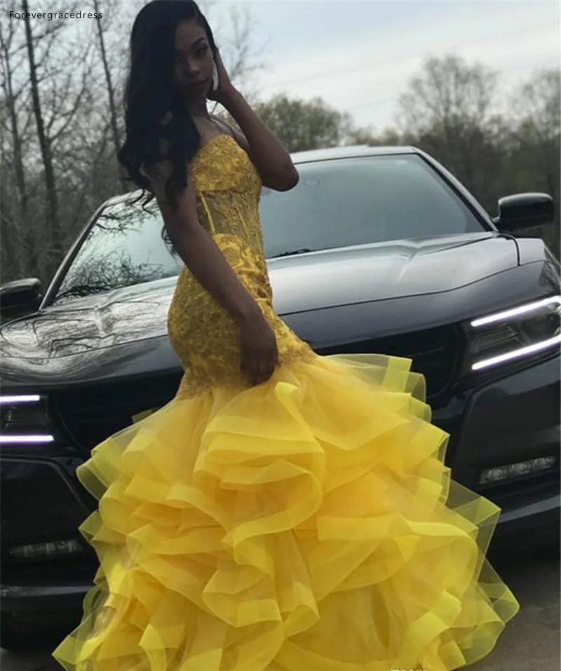 Yellow Color Long Prom Dresses 2019 South African Black Girls Sweetheart Appliques Holidays Graduation Wear Evening Party Gowns