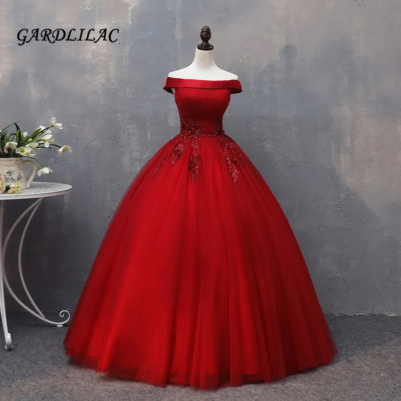 Fora do ombro vermelho quinceanera vestidos 2018 tule renda apliques frisado longos vestidos de baile vestidos de 15 anos