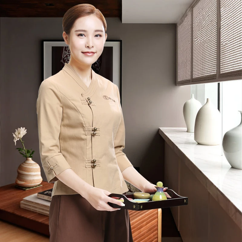 Chinese Beauty Salon SPA Uniform New Designs Short Sleeve Pink Work Wear Thai Massage Linen Cotton Uniforms Set Hotel Workwear