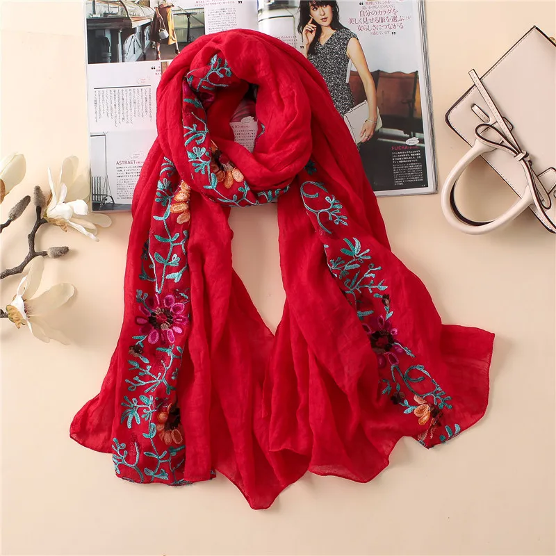 2023 Plain Embroider Floral Viscose Shawl Scarf From Indian Bandana Print Cotton Scarves and Wraps Soft Foulard Muslim Hijab Cap