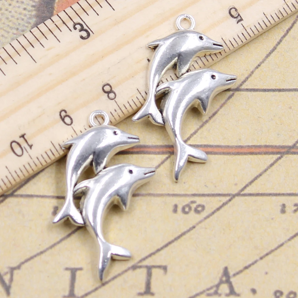 10pcs Charms Double Dolphin Show 32x22mm Antique Silver Color Pendants Making DIY Handmade Jewelry Factory Wholesale