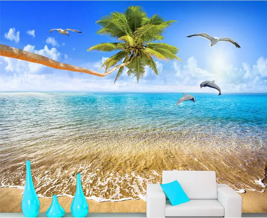 Beautiful sea beach view coconut tree love dolphin TV backdrop 3d murals wallpaper for living room