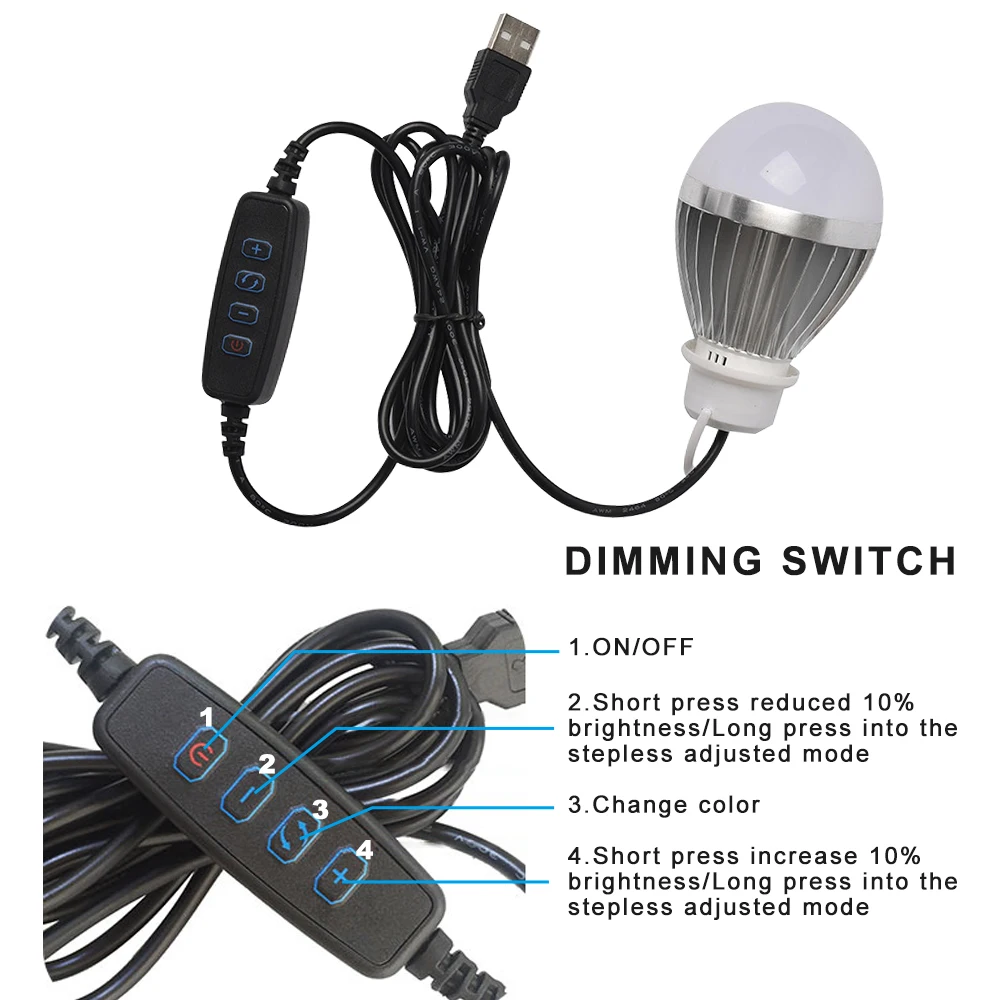 DC5V żarówka LED bezstopniowa ściemniania z ON/OFF przełącznik 10W USB ściemniania lampy wiszące światła awaryjne LED żarówki projekcyjne, Nightwork