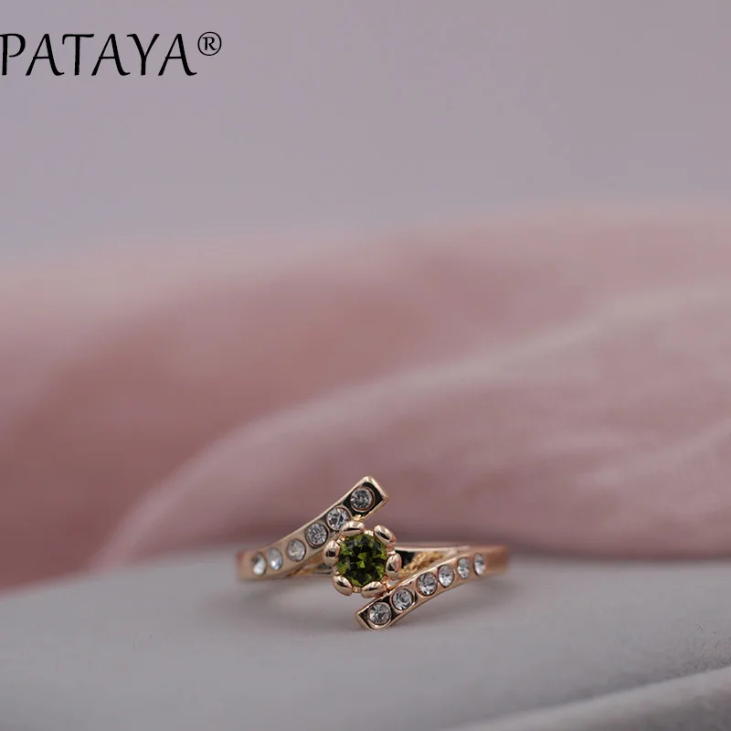 PATAYA New Special Offer White Rhinestones 585 Rose Gold Color Round Olive Green Natural Zirconia Rings Women Wedding Jewelry