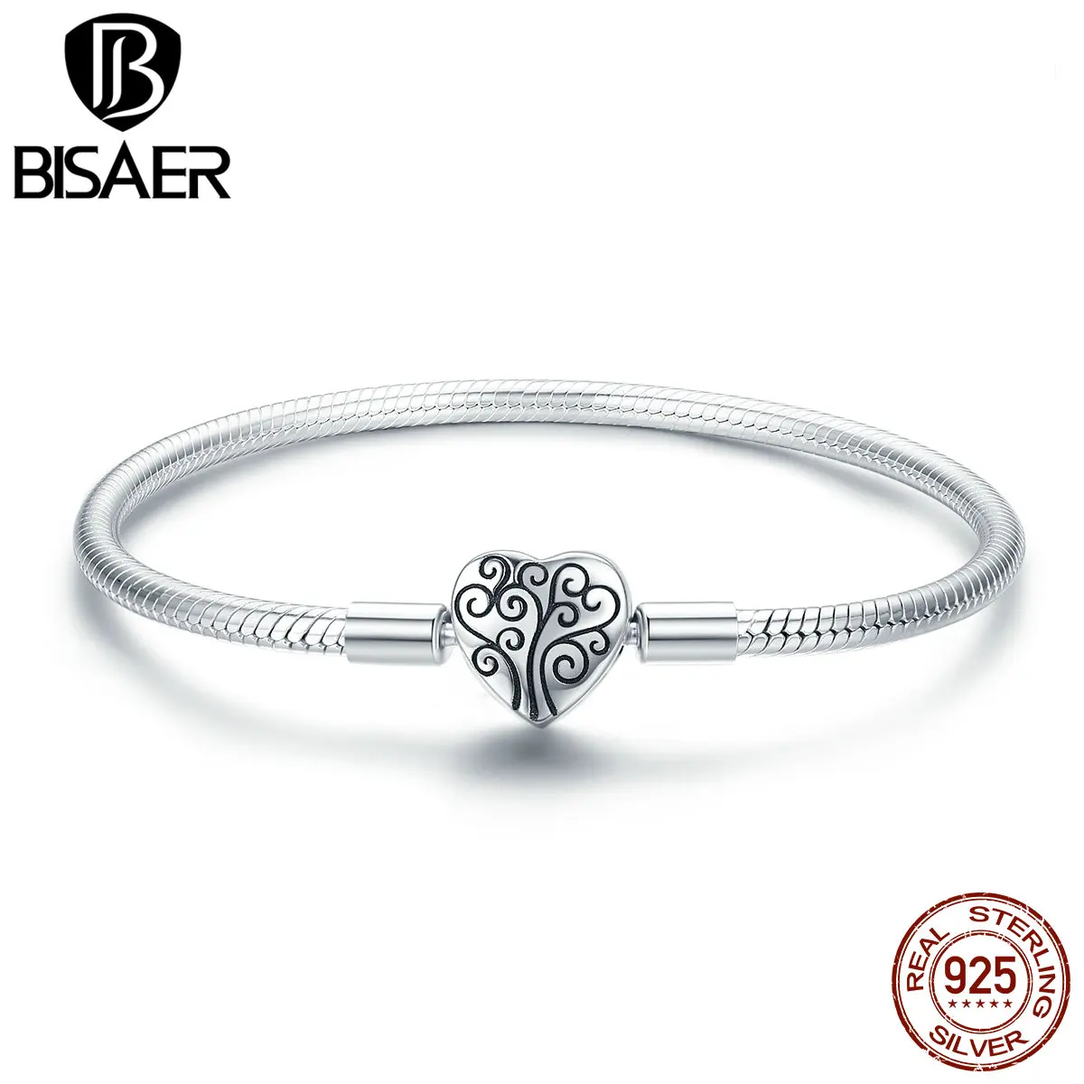 

BISAER 100% 925 Sterling Silver Family Tree Of Life Bracelets For Women Heart Snake Basic Bracelet Bead & Charm DIY Fine Jewelry