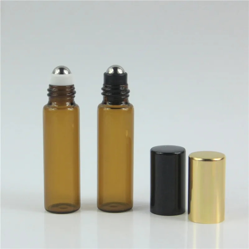 20 adet/grup 5 ML Amber Cam Şişe Yeniden Doldurulabilir Rollon Şişeler Altın Kapaklı 5 ml Silindir Için Metal Top uçucu Yağlar