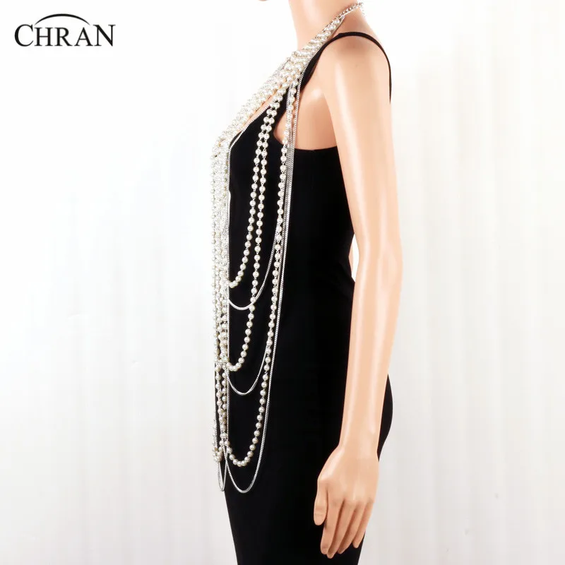 Chran Sexy Beaded Chain Scarf Pendant Center Ladies Vest Silver Gold Color Faux Pearl Bib Shoulder Necklace Body Jewelry BDC904