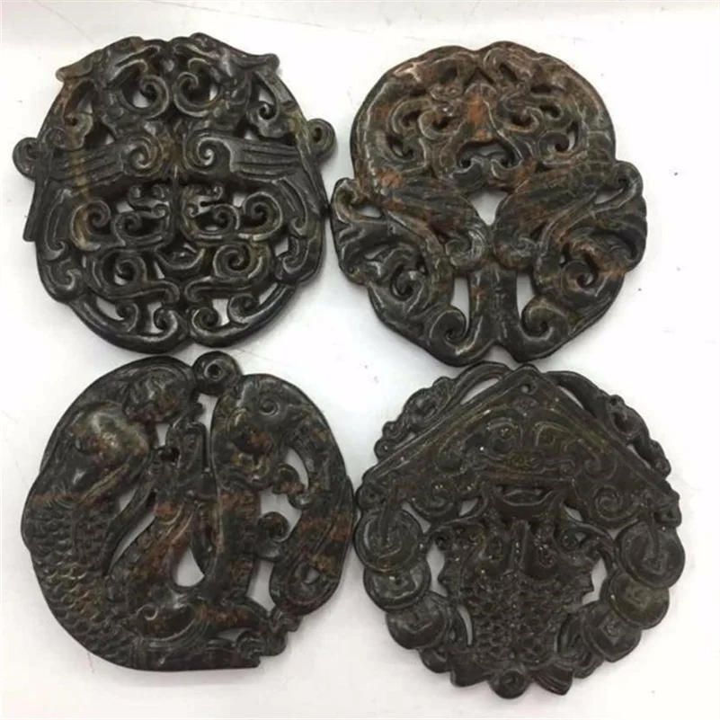 Charms Traditional Asia Ancient Vintage Sculpture Carving Art Pattern Black Semi Precious Stone Pendant For Necklace DIY Jewelry