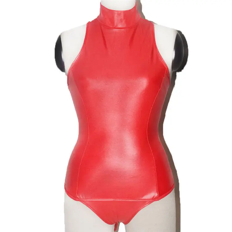 Women Sexy Wet Look High Collar Leotard with Arm Restraint Sheath Catsuit Fetish Role Play Costume Plus Size