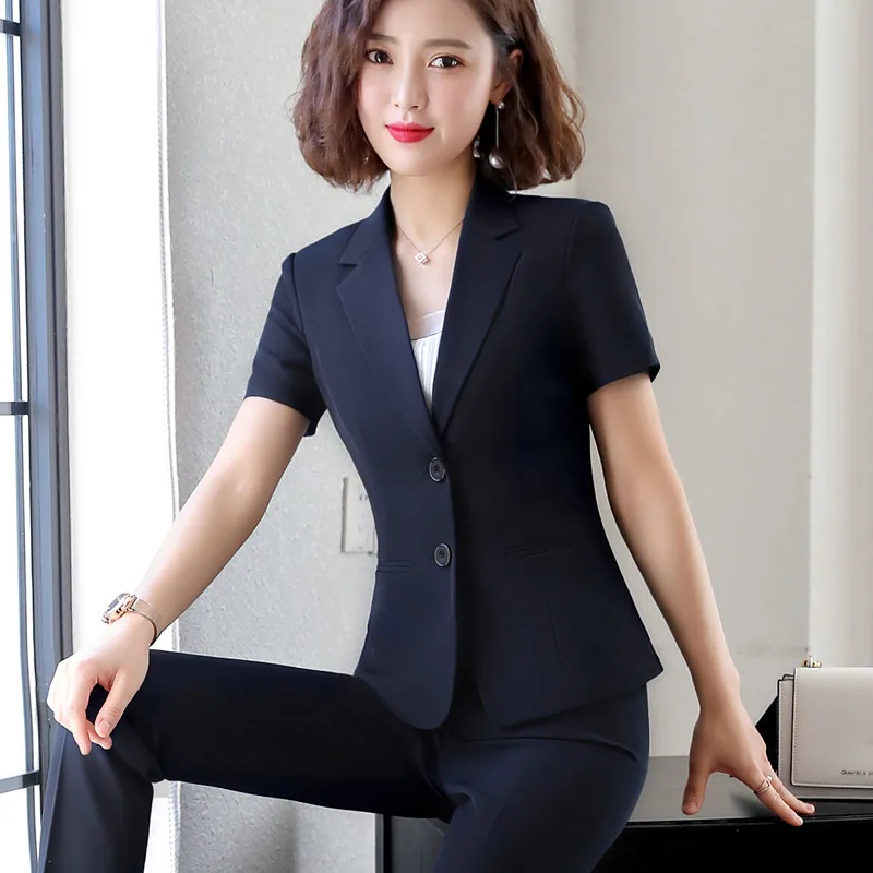 Naviu New Fashion Women Formal Suits Business Temperament Short Sleeve Slim Blazer and Trousers Office Ladies Work Wear