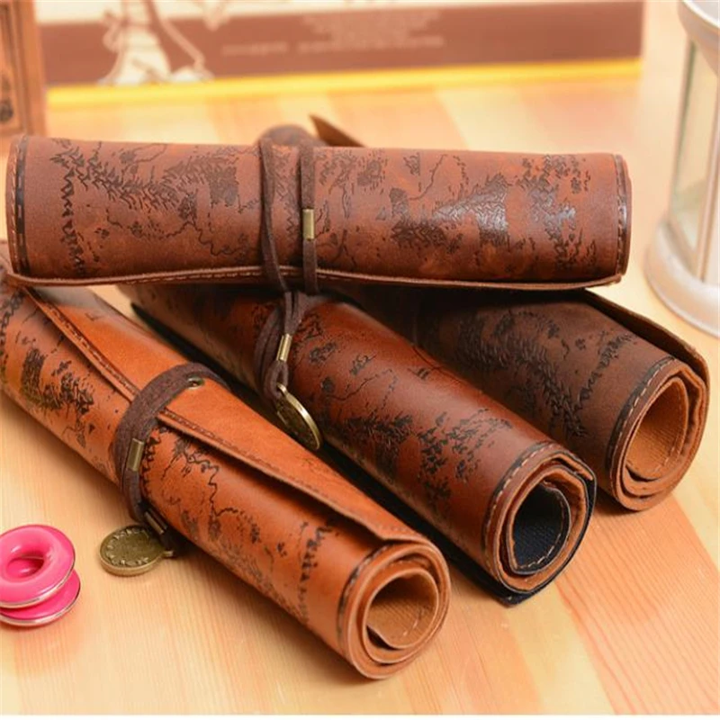 1Pcs Pencil Bag European Retro Treasure Map Leather Pluggable Pencil Pens Storage Bag Sketch Colored Pencil Volume High Capacity