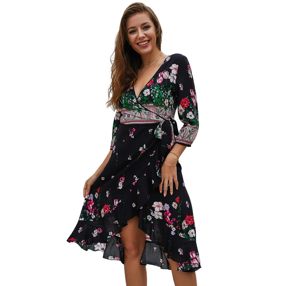 

Printed Commuter Dress Brand Designer Mid-Length V-Neck Mid-Waist Ladies Dress Ruffled Summer Dress Robe Femme Vestido De Mujer