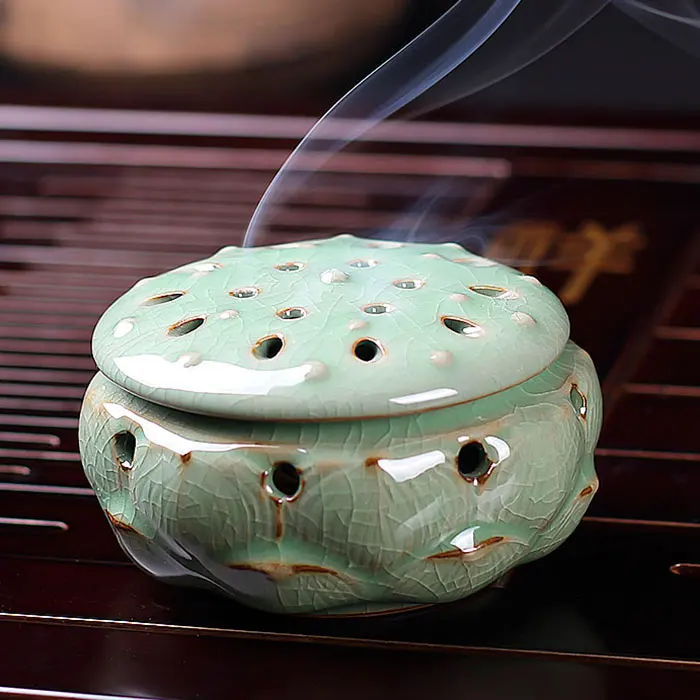 Longquan celadon ceramic Buddha crafts Lotus style incense burner incense coil sandalwood censer onsale