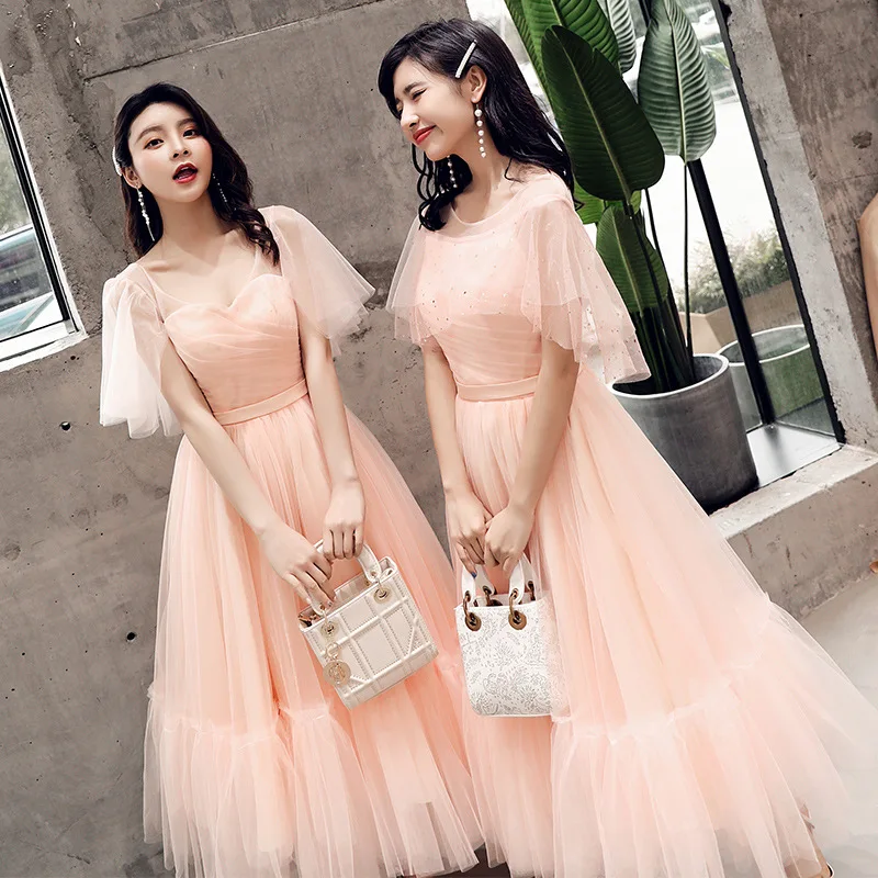 Beauty Emily 6 Styles Bridesmaid Dresses Lace O Neck Tulle Party Gowns For Wedding Pleated Prom Gowns Vestido de dama de honor