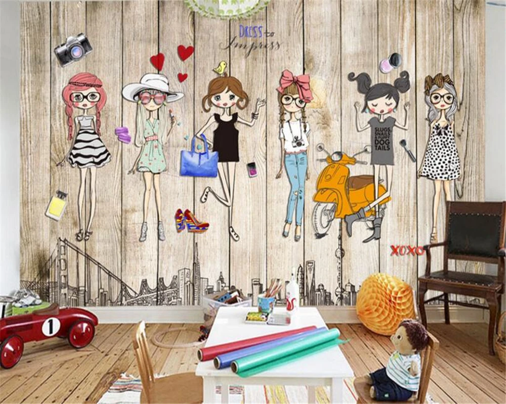 beibehang Fashion silk cloth 3d wallpaper Hand painted wooden plank three-dimensional fashion girl background illustration