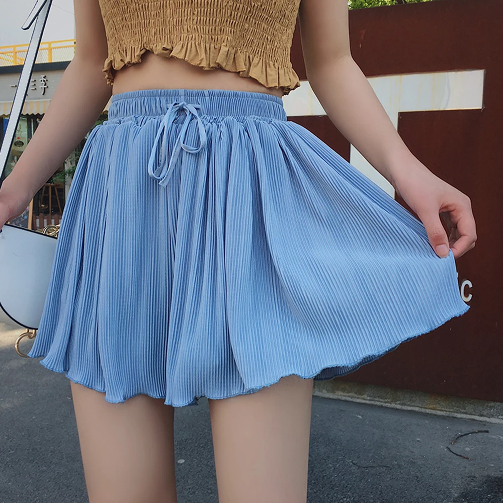 Summer Lace-up Loose Shorts Female Casual High Waist Blue Wide Leg Tie Wrinkled Pleated Thin Elegant Korean Polyester Scanties