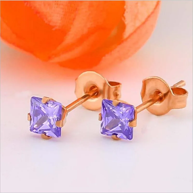 Earrings With 4mm AAA Colorful Square Zircons 316l Stainless Steel Earring IP Plating No Fade Allergy Free