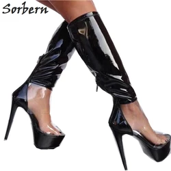 Sorbern Sexy Open Toe Clear Pvc Women Boots Knee High Summer Style Shiny Black Boots High Heels Custom Colors Designer Boots