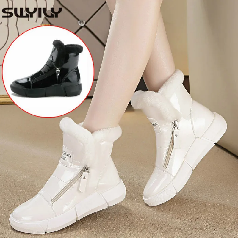 SWYIVY Winter Warm Shoes Woman White Sneakers High Top Zipper 2019 Winter Velvet Fur Lady Casual Shoes Black Sneakers Platform