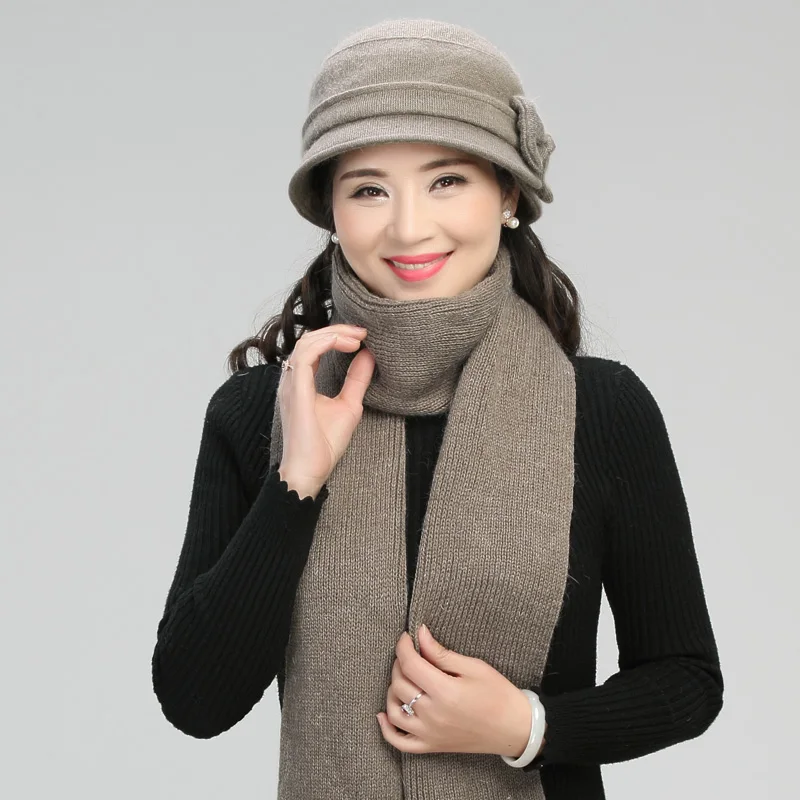 Middle-aged Mother Hat Female Autumn Winter Rabbit Wool Cap Lady Warm Grandma Scarf Women Fashion Elegant Bowknot Hats H7166