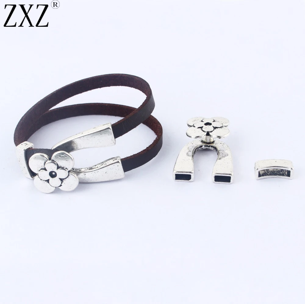 ZXZ 2 Sets Flower Wishbone End Clasps Double Strand For 5x2mm Flat Leather Cord Bracelet Making Findings