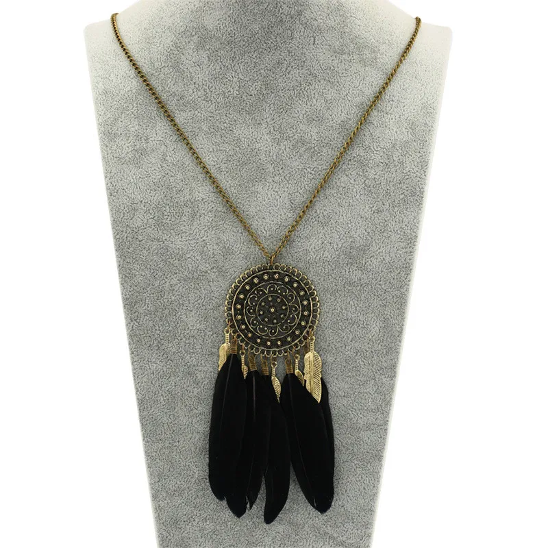 Fashion Boho Long Sweater Link Chains Vintage Feather Tassels Necklace Small Dream Catcher Pendant Necklaces Womens Jewelry