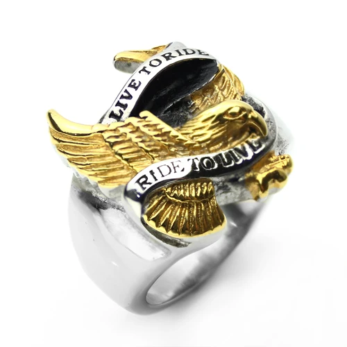 Punk 316L Stainless Steel Silver Color Black Gold Plated Live To Ride Eagle Biker Ring Jewelry