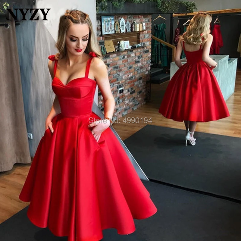 

NYZY C140 Vintage 50s 60s Satin Ball Gown Red Evening Dress Tea Length Bow Straps Pocket Robe Cocktail Dresses Party 2019