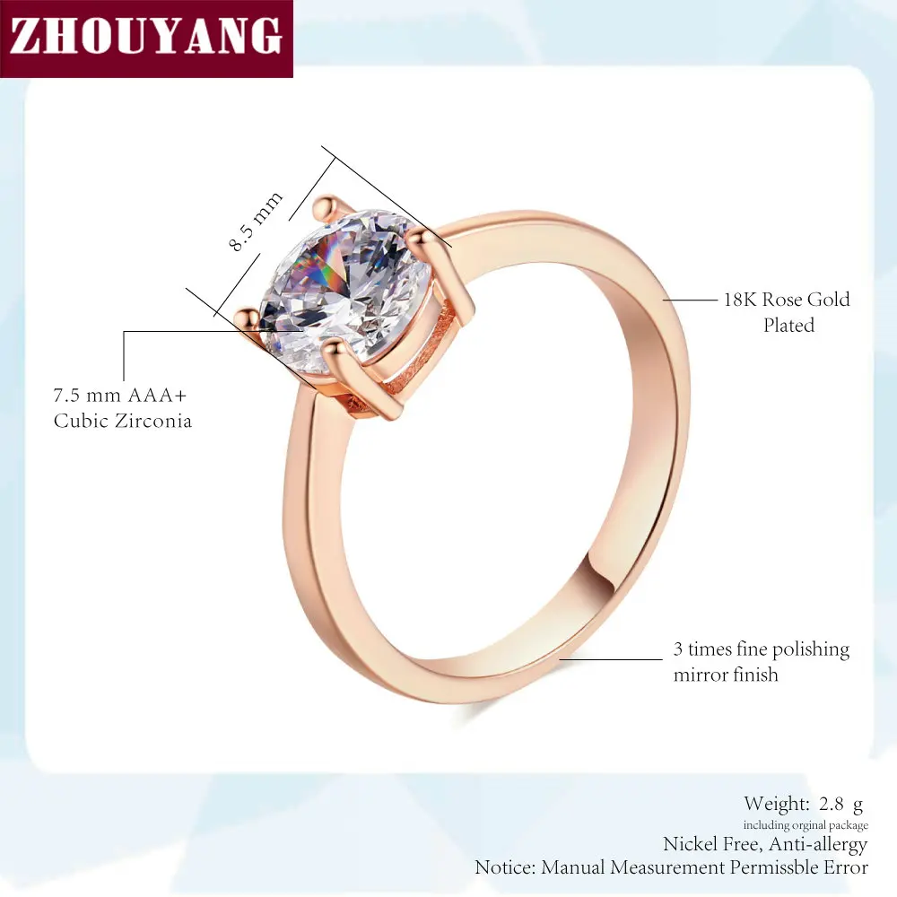 ZHOUYANG Wedding For Women Four Claw 8mm Cubic Zirconia Engagement Rose Gold Color Flashion Jewelry Girl Friend Gift R333 R335