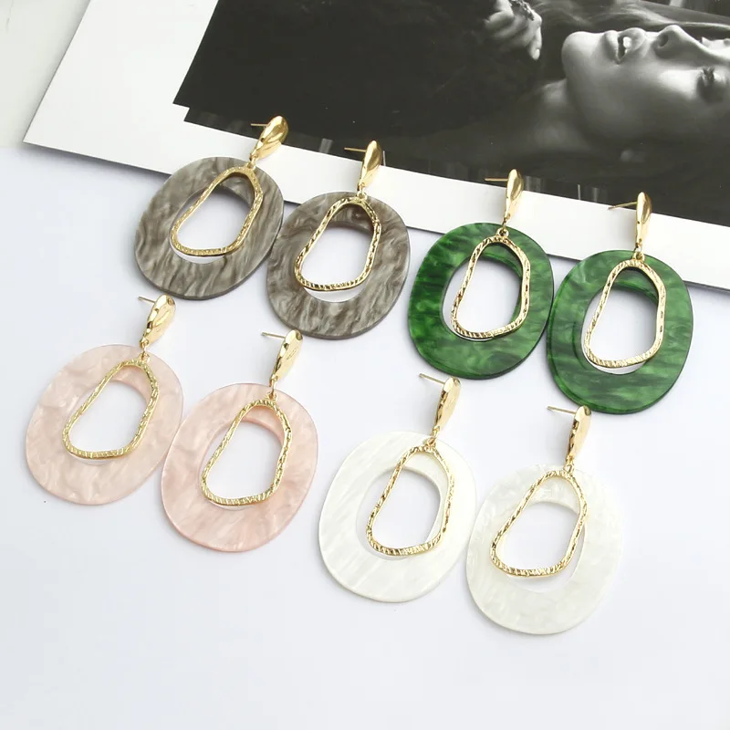 Simple Green Big Oval Drop Earrings For Women statement Resin Acrylic Geometric long Earring 2019 Gold Color Party ZA Jewellery