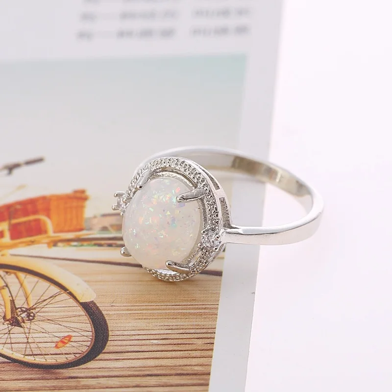 OMHXZJ Wholesale European Fashion Woman Man Party Wedding Gift White Round Opal AAA Zircon 925 Sterling Silver Ring RR87