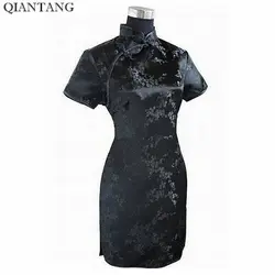 Schwarz Traditionellen Chinesischen Kleid Mujer Vestido frauen Satin Qipao Mini Cheongsam Blume Größe S M L XL XXL XXXL 4XL 5XL 6XL J4039