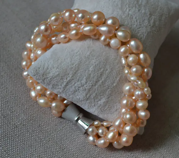 Stunning Pearl Jewelry,AA 3-8MM 8 Inch Pink 100% Real Freshwater Pearl Bracelet,Natural Pearl Jewelry.Magnet Clasp