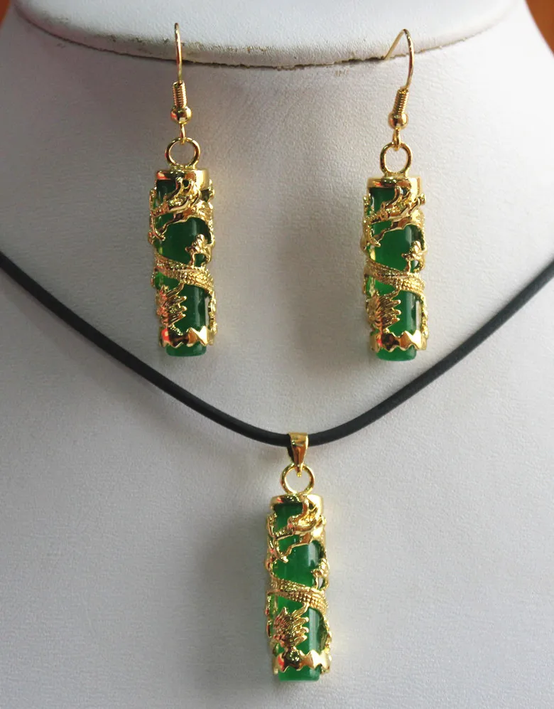 

natural unique green JADE dragon inlay cylinderpendant & earrings sets