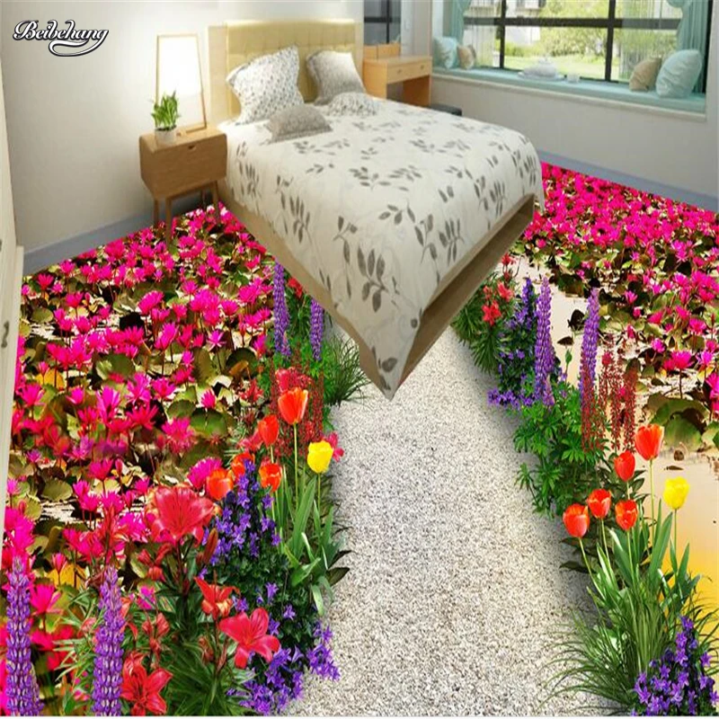 

beibehang large fresco beautiful flower sea pond path 3D floor thickening waterproof pvc environmental wear-resistant film