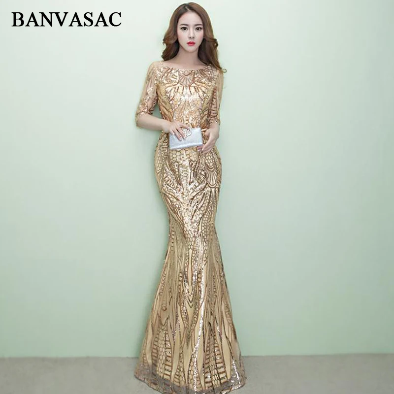 BANVASAC O Neck Sequined Leaf Sash Mermaid Long Evening Dresses Vintage Lace Half Sleeve Party Prom Gowns