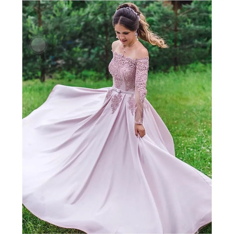 Uit De Schouder Lange Prom Jurk Met Lange Mouwen Applicaties Kralen Roze Satijnen Goedkope Vestido De Fiesta De Graduacion Prom jassen