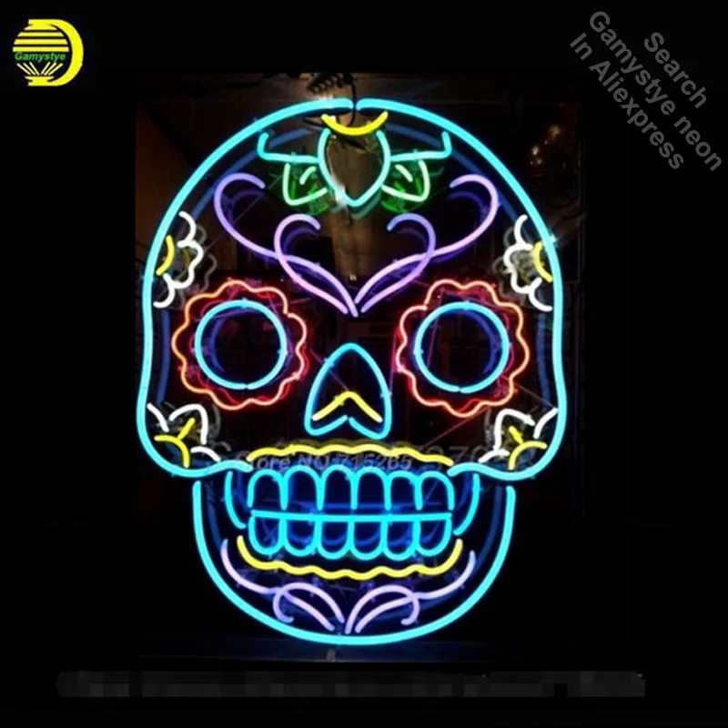 

Tattoo Skull Neon Sign Skull Beer Pub Neon Bulbs Room Recreation Windows Neon Signs Real Glass Tube Handcraft Best Gift VD 24x20