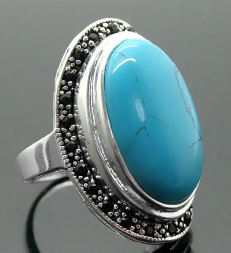 

925 Sterling Silver 17X30mm Blue Turquoises Oval Gems Marcasite Ring Size:8-11