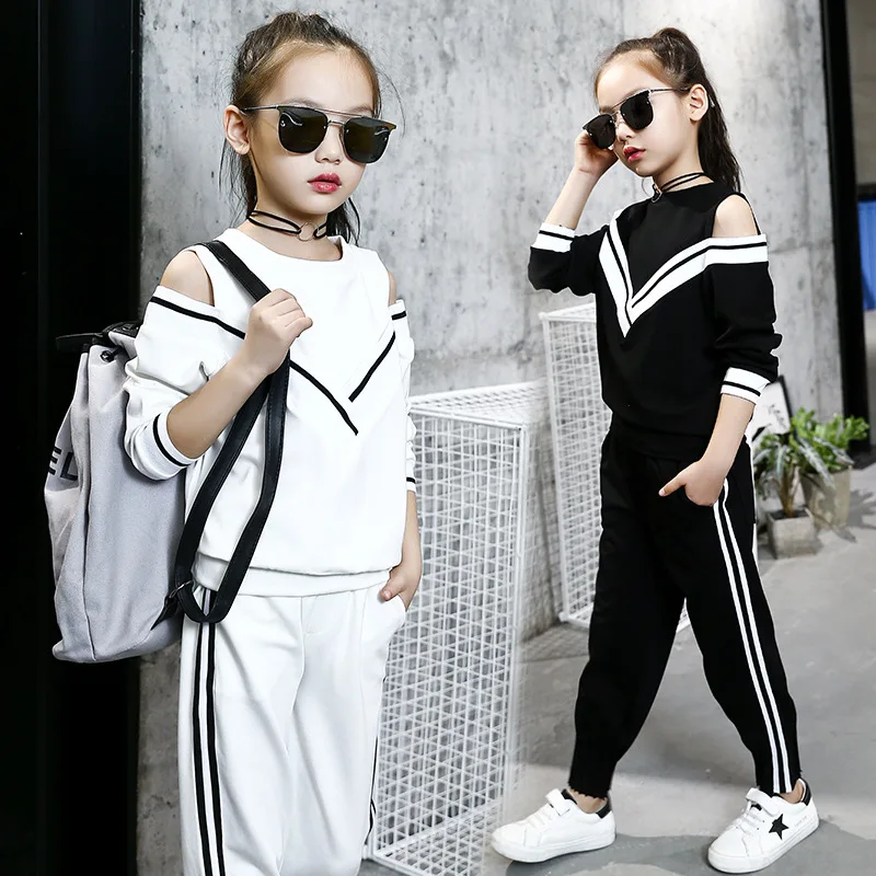 

Girls Tracksuits Set 2024 Kids Sports Suits Off Shoulder Long Sleeve T Shirts & Pants Sets For Girl Black White Clothing 10 12Y