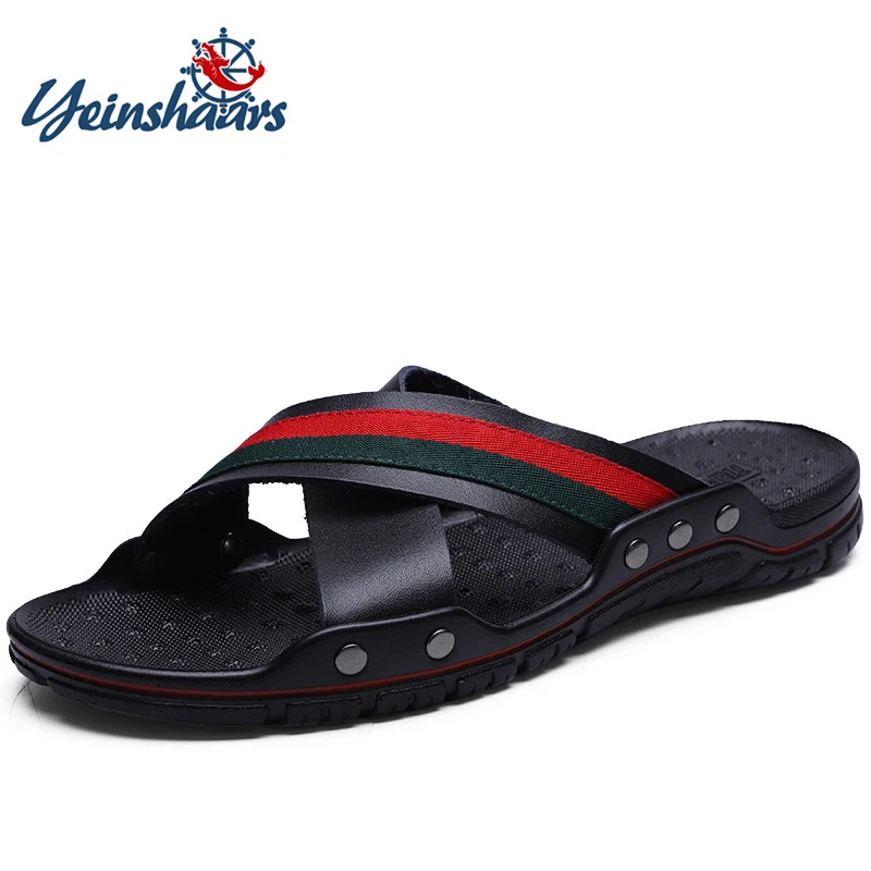 FUQIAO Brand Summer Men Slippers Fashion Leather Sandals Cross Strap Beach Water Shoes Men High Quality Slippers Big Size:38-47