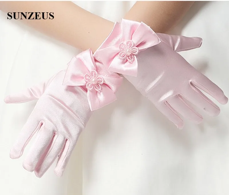 Flower Girls Short Gloves Pink Children Gloves For Wedding Party Cute Bow Gloves BV-014