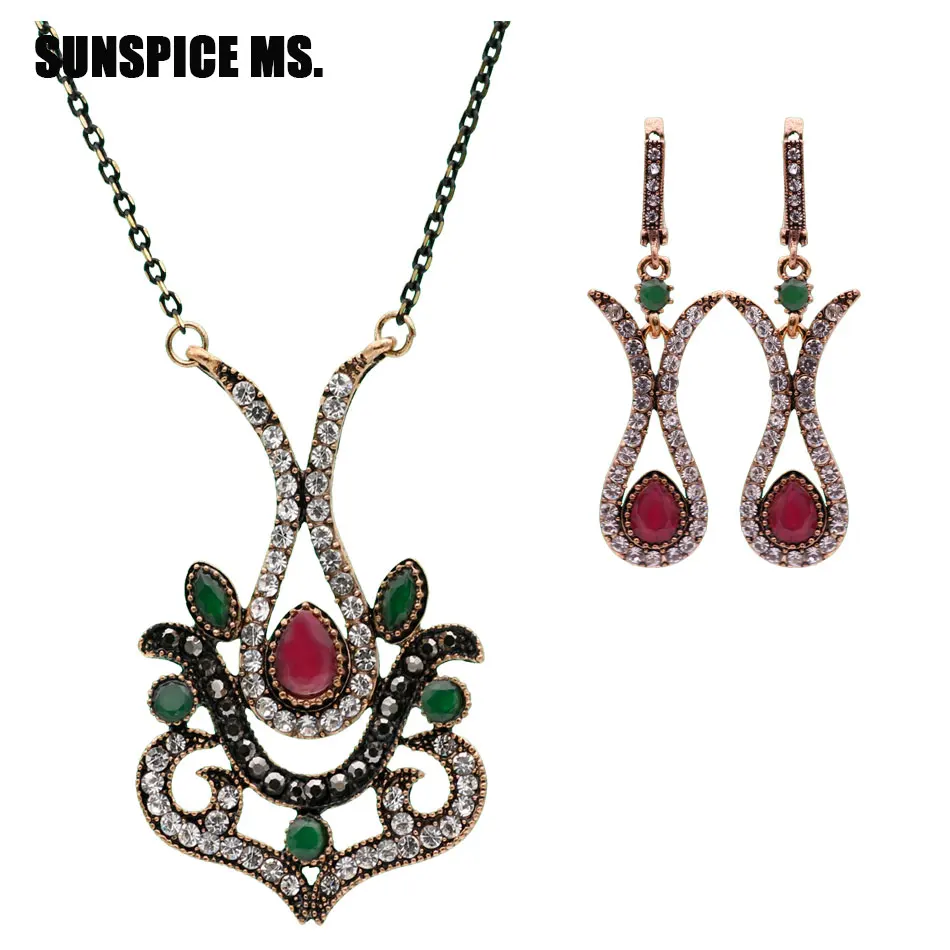 SUNSPICEMS Ethnic Turkish Full Crystal Jewelry Sets Women Ethnic Wedding Jewelry Long Drop Earring Pendant Necklace Bridal Gift