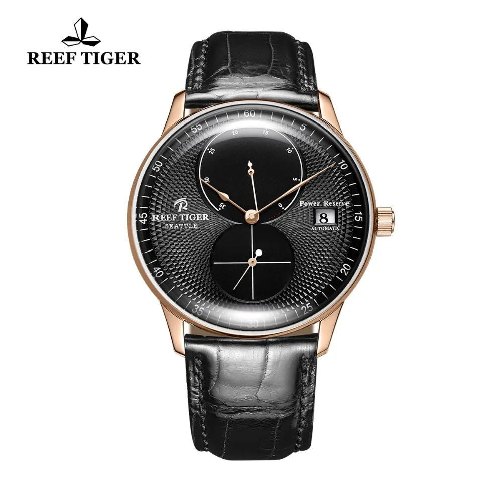 Reef Tiger RGA82B0 Men Luxury Fashion Business Ultra Thin Dual Windows Dial Automatic Self-Wind Mechanical Wrist Watch Rose Gold