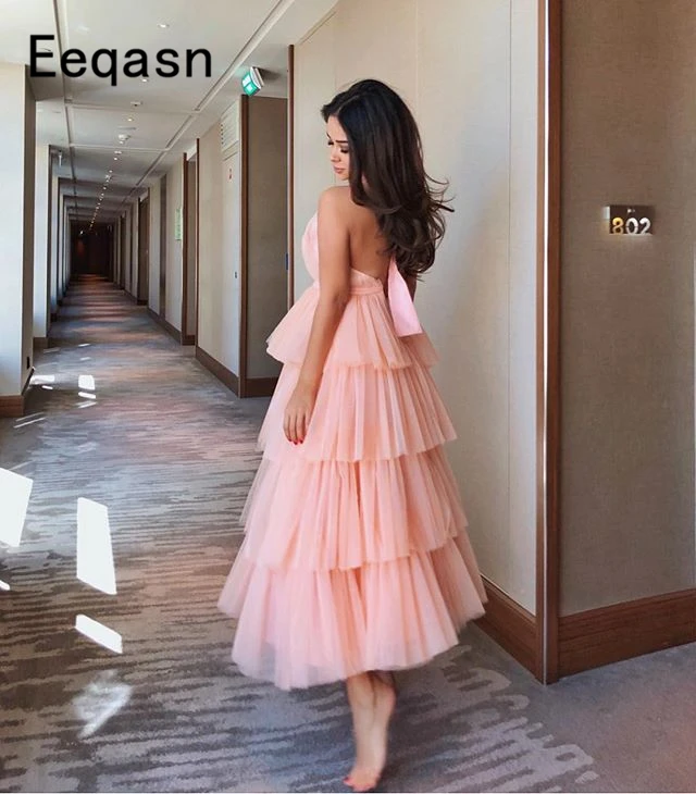 Customized Tiered Tulle Prom Dresses White Pink Black Saudi Arabic Tea Length Elegant Women Formal Party Gown vestido Gala