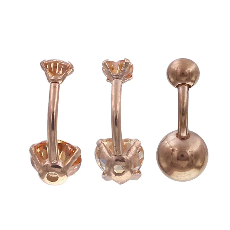 Starbeauty 1Pc Rose gold Color Internally Threaded Belly Button Rings Double Crystal Zircon Navel Ring Piercing Body Jewelry