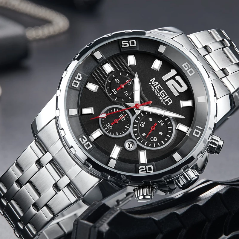 MEGIR Sport Watch Men Fashion Stainless Steel Quartz Wristwatch Military Chronograph Clock Business Casual Waterproof Watches