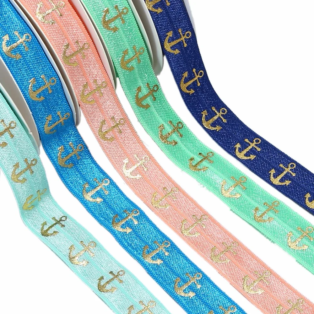 5/8'' gold foil anchor printed foe elastic ribbon fold over elastic for DIY welcome custom
