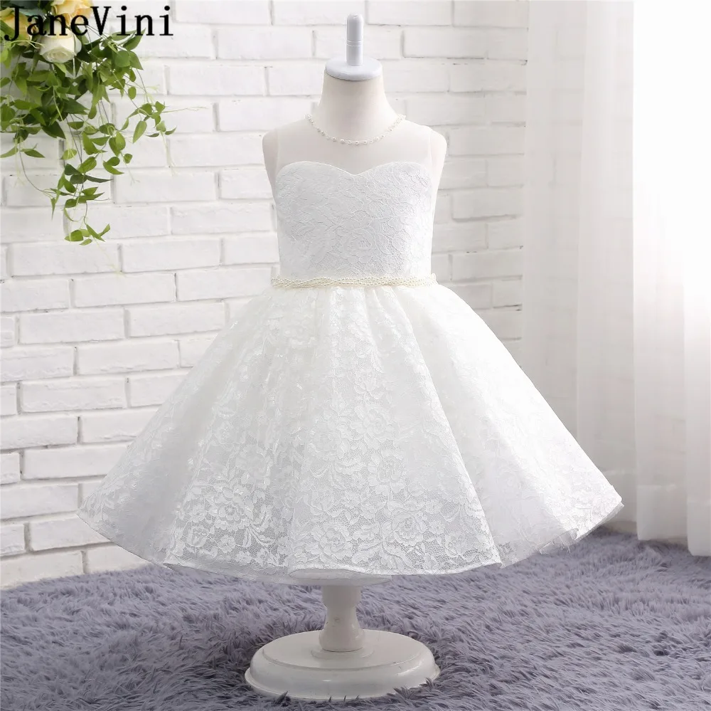 

JaneVini Princess White A Line Lace Flower Girl Dresses 2019 O Neck Pearls Sashes Tea-Length Girls Pageant First Communion Dress