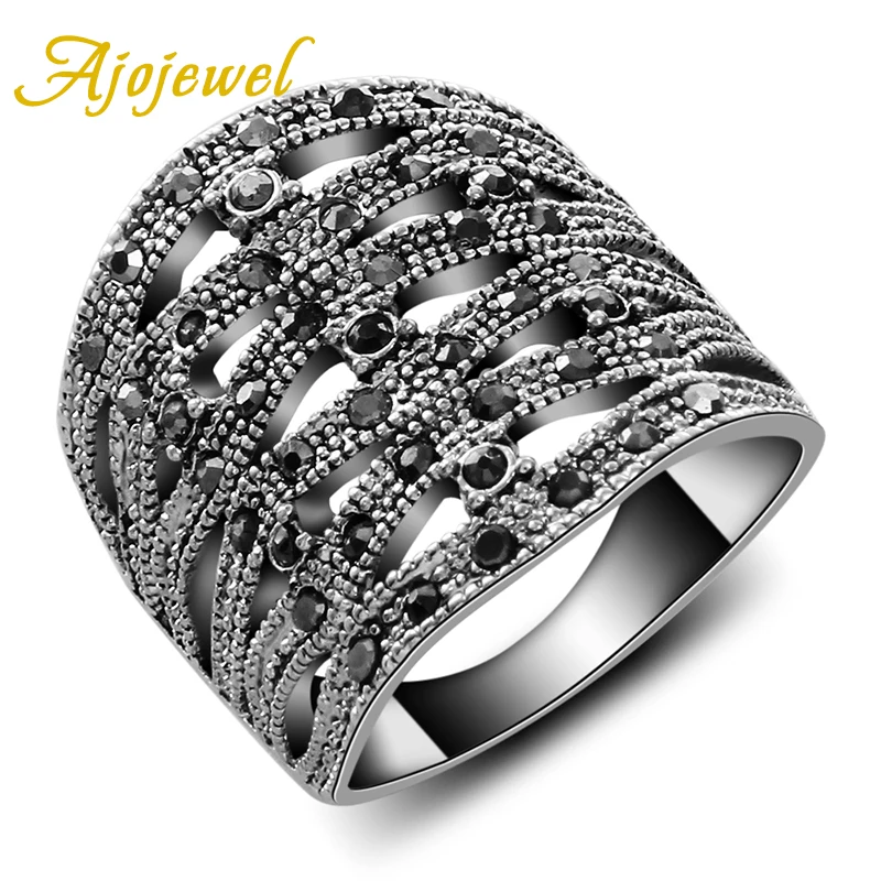 Ajojewel Big Luxuoius Pave Black CZ Retro Women Brand Geometric Ring Femininas Jewelry